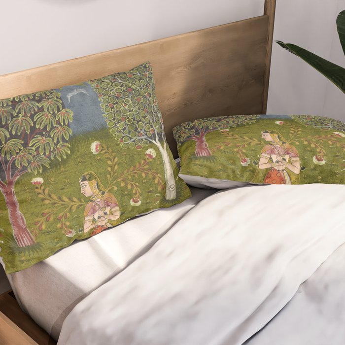 Indian Miniature Painted Illustration Princess In the Peacock Garden Floral Pose Pillow Sham Gallery Image 2
