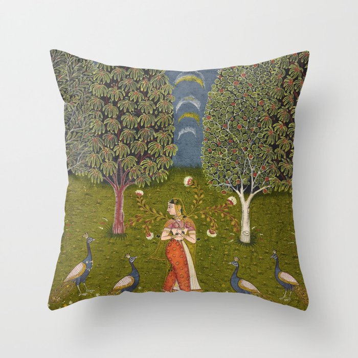 Indian Miniature Painted Illustration Princess In the Peacock Garden Floral Pose Throw Pillow Gallery Image 1