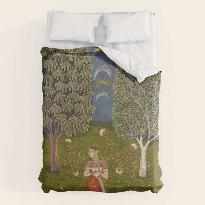 Indian Miniature Painted Illustration Princess In the Peacock Garden Floral Pose Duvet Cover Gallery Image 1