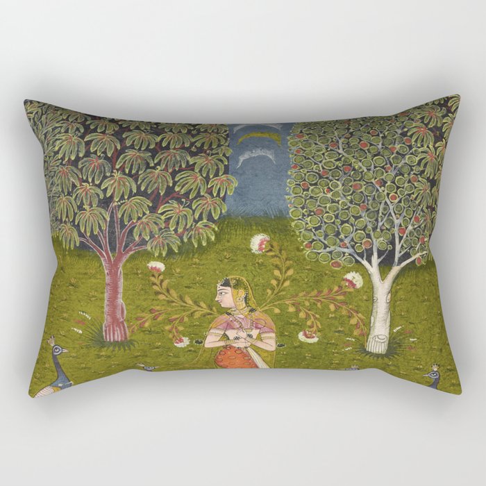 Indian Miniature Painted Illustration Princess In the Peacock Garden Floral Pose Rectangular Pillow Gallery Image 1