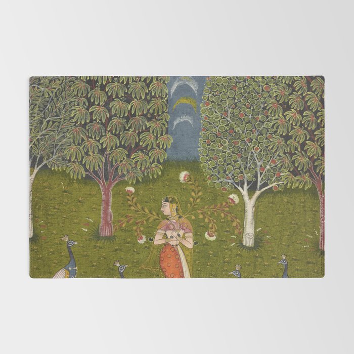 Indian Miniature Painted Illustration Princess In the Peacock Garden Floral Pose Rug Gallery Image 2