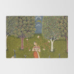 Indian Miniature Painted Illustration Princess In the Peacock Garden Floral Pose Rug Gallery Image 2