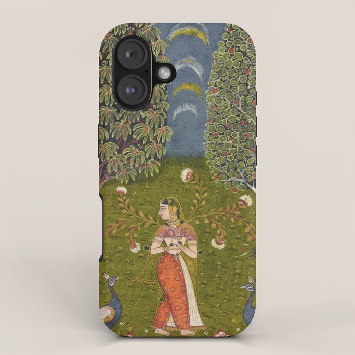 Indian Miniature Painted Illustration Princess In the Peacock Garden Floral Pose iPhone Case Gallery Image 1