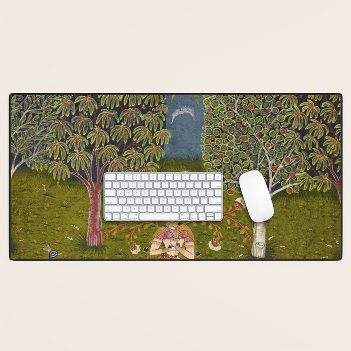 Indian Miniature Painted Illustration Princess In the Peacock Garden Floral Pose Desk Mat Gallery Image 1