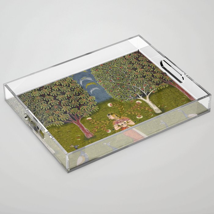 Indian Miniature Painted Illustration Princess In the Peacock Garden Floral Pose Acrylic Tray Gallery Image 1