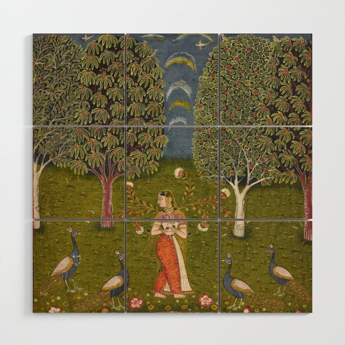Indian Miniature Painted Illustration Princess In the Peacock Garden Floral Pose Wood Wall Art Gallery Image 1