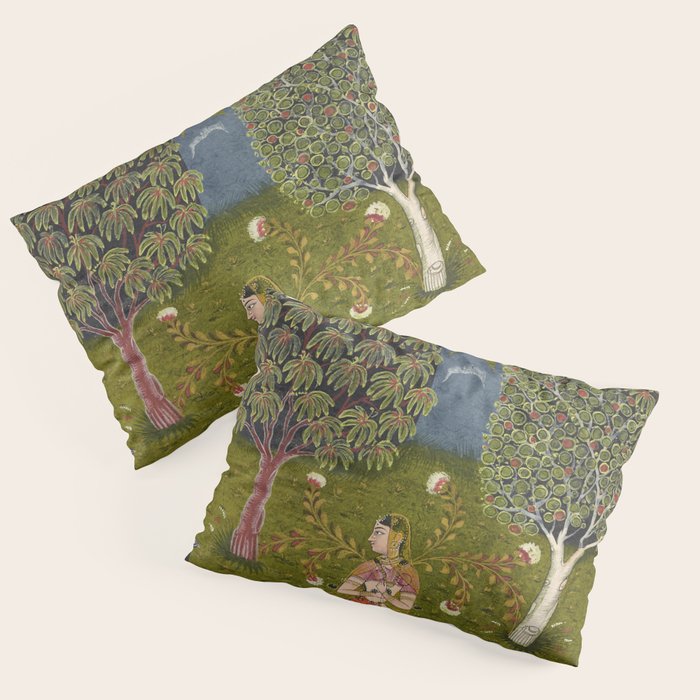 Indian Miniature Painted Illustration Princess In the Peacock Garden Floral Pose Pillow Sham Gallery Image 1
