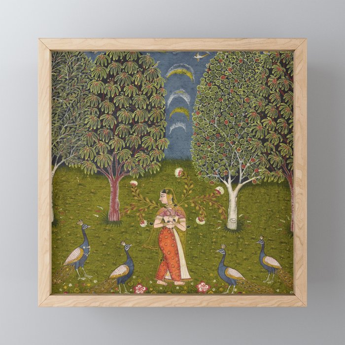 Indian Miniature Painted Illustration Princess In the Peacock Garden Floral Pose Mini Art Print Gallery Image 1