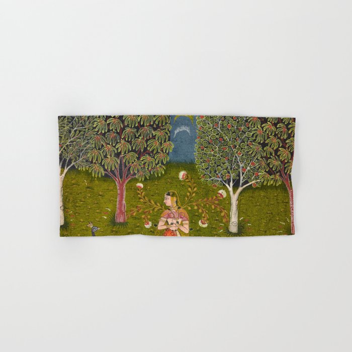 Indian Miniature Painted Illustration Princess In the Peacock Garden Floral Pose Bath Towel Gallery Image 1