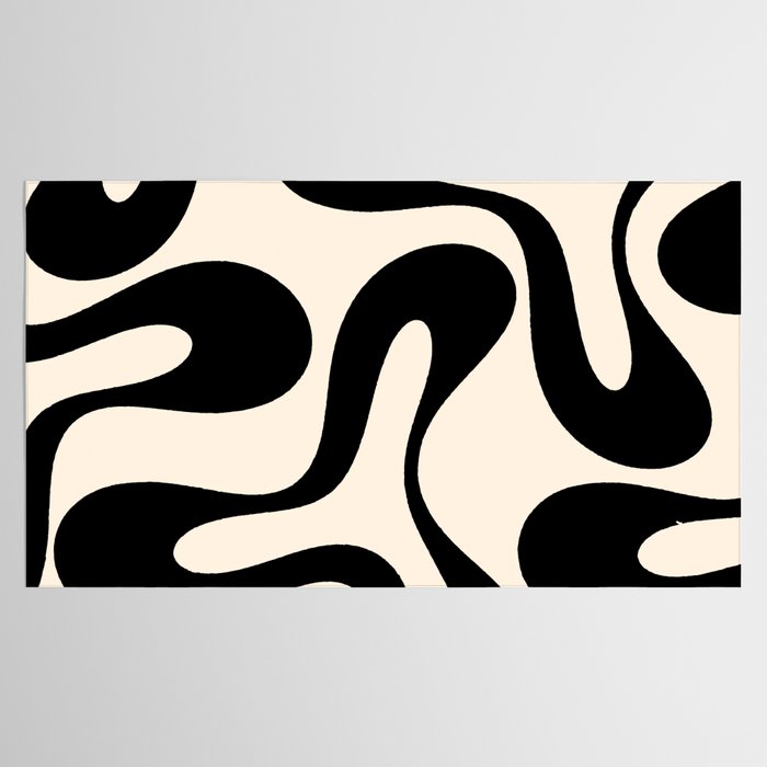 Contemporary Modern Abstract Soft Curves Pattern in Black and Almond Cream Tablecloth Gallery Image 2