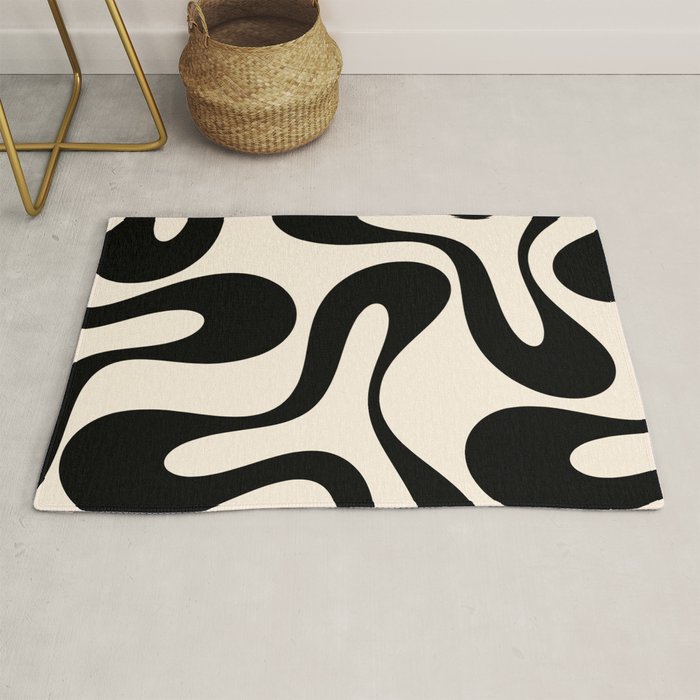 Contemporary Modern Abstract Soft Curves Pattern in Black and Almond Cream Rug Gallery Image 1