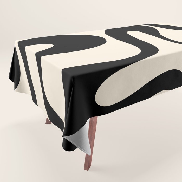 Contemporary Modern Abstract Soft Curves Pattern in Black and Almond Cream Tablecloth Gallery Image 1