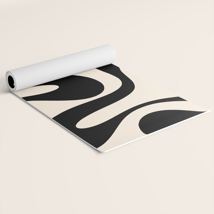 Contemporary Modern Abstract Soft Curves Pattern in Black and Almond Cream Yoga Mat Gallery Image 2