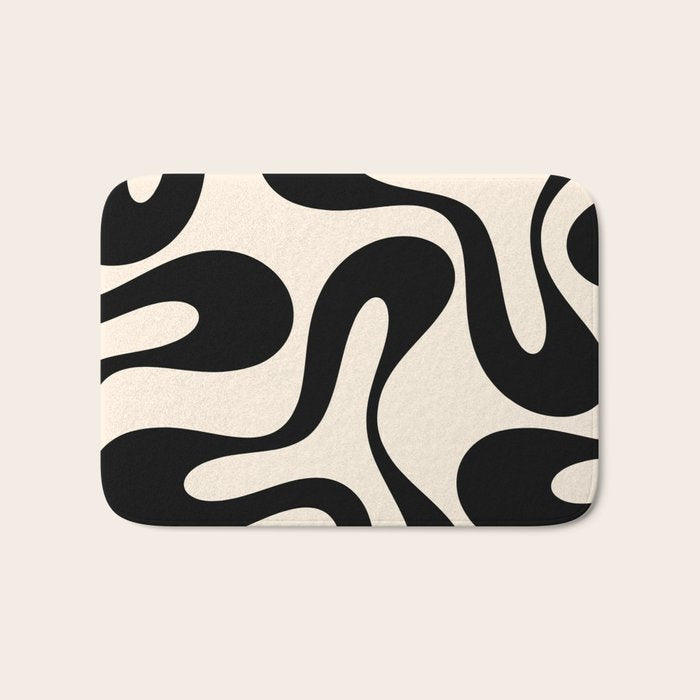 Contemporary Modern Abstract Soft Curves Pattern in Black and Almond Cream Bath Mat Gallery Image 1