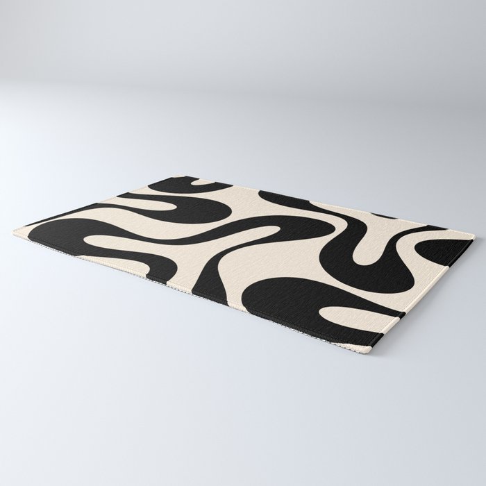 Contemporary Modern Abstract Soft Curves Pattern in Black and Almond Cream Rug Gallery Image 3