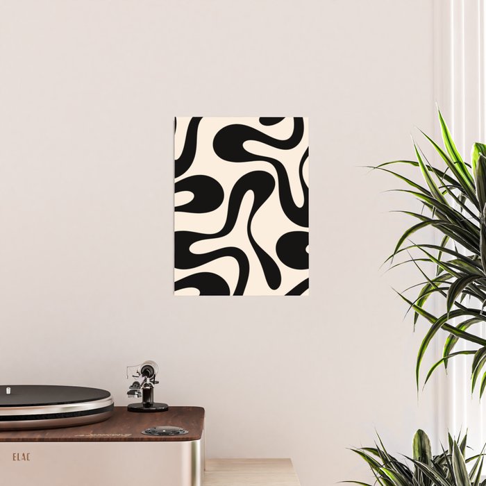 Contemporary Modern Abstract Soft Curves Pattern in Black and Almond Cream Poster Gallery Image 2