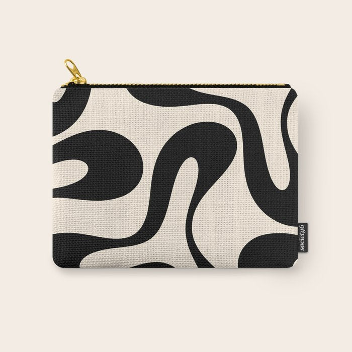 Contemporary Modern Abstract Soft Curves Pattern in Black and Almond Cream Carry All Pouch Gallery Image 1