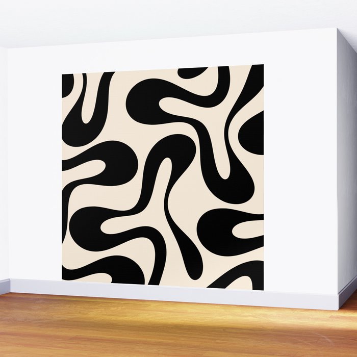 Contemporary Modern Abstract Soft Curves Pattern in Black and Almond Cream Wall Mural Gallery Image 2