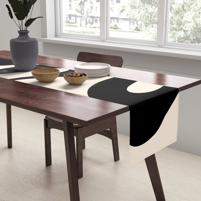 Contemporary Modern Abstract Soft Curves Pattern in Black and Almond Cream Table Runner Gallery Image 2