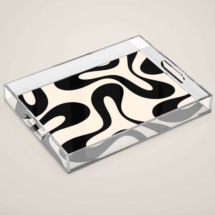 Contemporary Modern Abstract Soft Curves Pattern in Black and Almond Cream Acrylic Tray Gallery Image 1