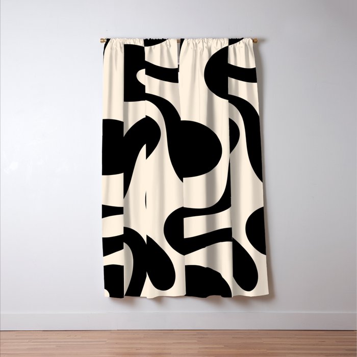 Contemporary Modern Abstract Soft Curves Pattern in Black and Almond Cream Window Curtain Gallery Image 3