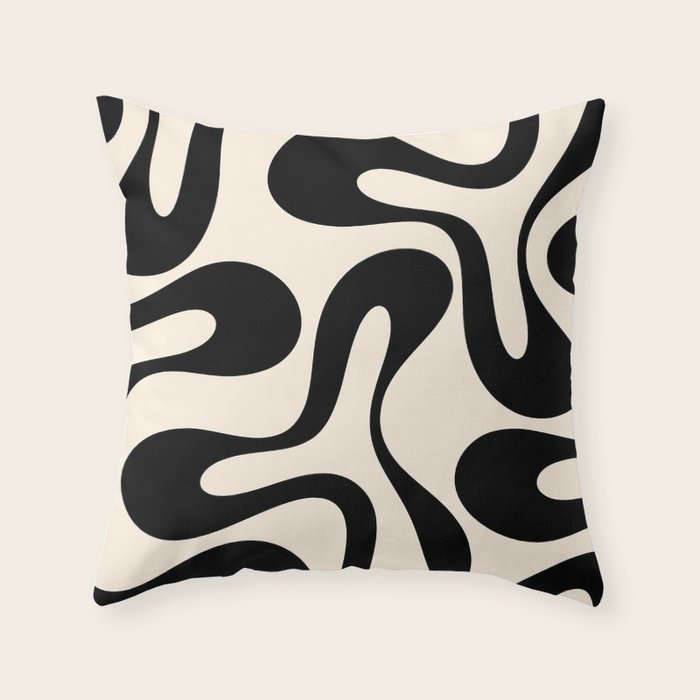 Contemporary Modern Abstract Soft Curves Pattern in Black and Almond Cream Throw Pillow Gallery Image 6
