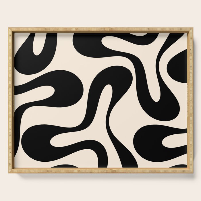 Contemporary Modern Abstract Soft Curves Pattern in Black and Almond Cream Serving Tray Gallery Image 1