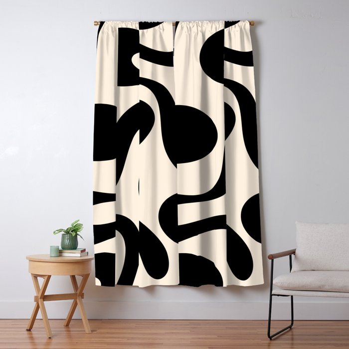 Contemporary Modern Abstract Soft Curves Pattern in Black and Almond Cream Window Curtain Gallery Image 5