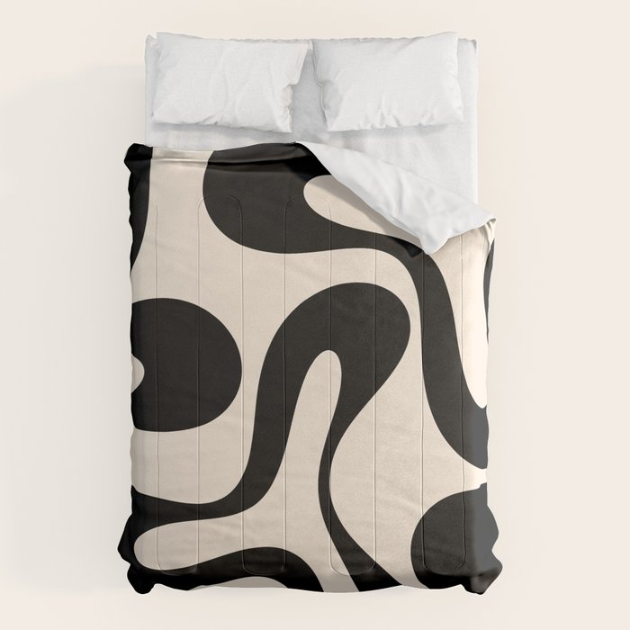 Contemporary Modern Abstract Soft Curves Pattern in Black and Almond Cream Comforter Gallery Image 6