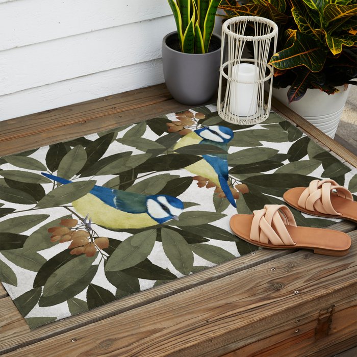 Blue tit and strawberry tree Outdoor Rug Gallery Image 2