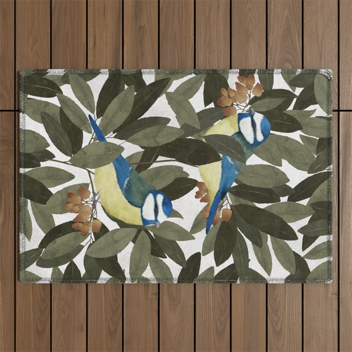 Blue tit and strawberry tree Outdoor Rug Gallery Image 1