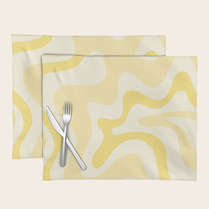 Retro Liquid Swirl Abstract Square in Soft Pale Pastel Yellow Placemat Gallery Image 1