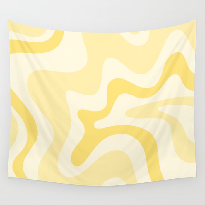 Retro Liquid Swirl Abstract Square in Soft Pale Pastel Yellow Wall Tapestry Gallery Image 1