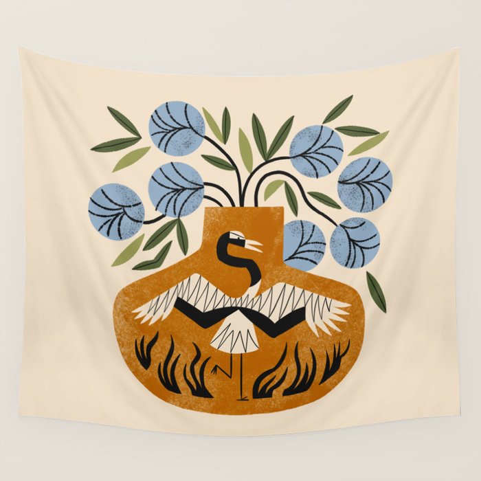 Blue Peonies And Crane Vase Wall Tapestry Gallery Image 4
