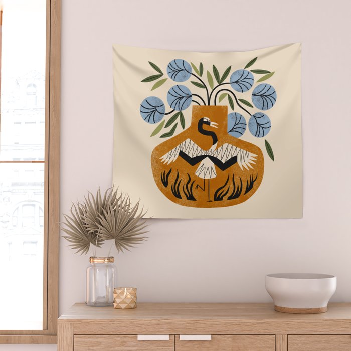 Blue Peonies And Crane Vase Wall Tapestry Gallery Image 2