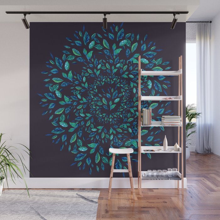 Blue Leaves Mandala Wall Mural Gallery Image 1