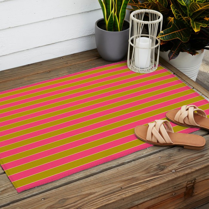 Bold Stripes Vertical Colorful Eclectic Pink and Chartreuse Pattern Outdoor Rug Gallery Image 2