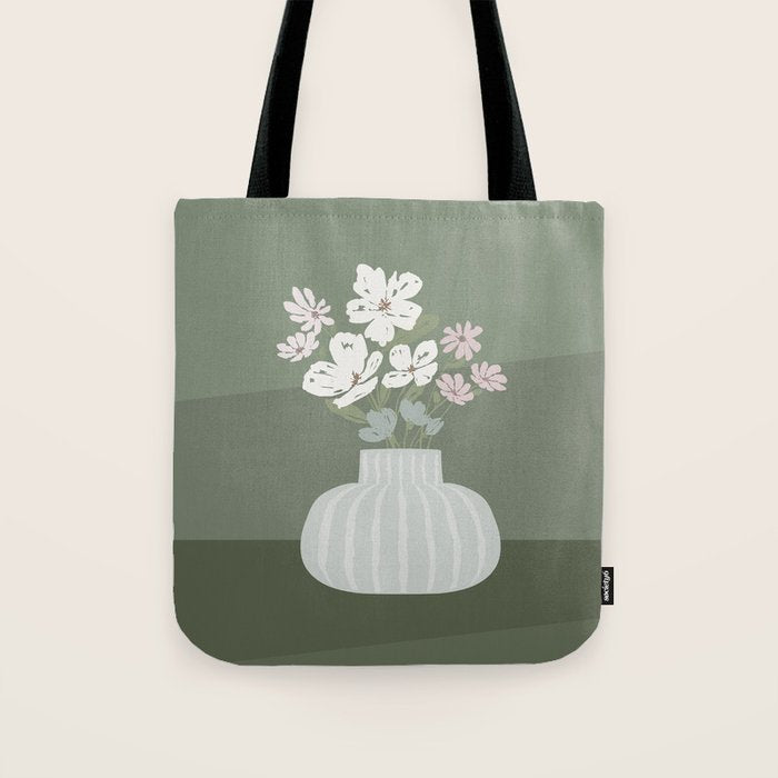 Wildflower bouquet in vase illustration - muted pink, beige and sage green flowers  Tote Bag Gallery Image 1