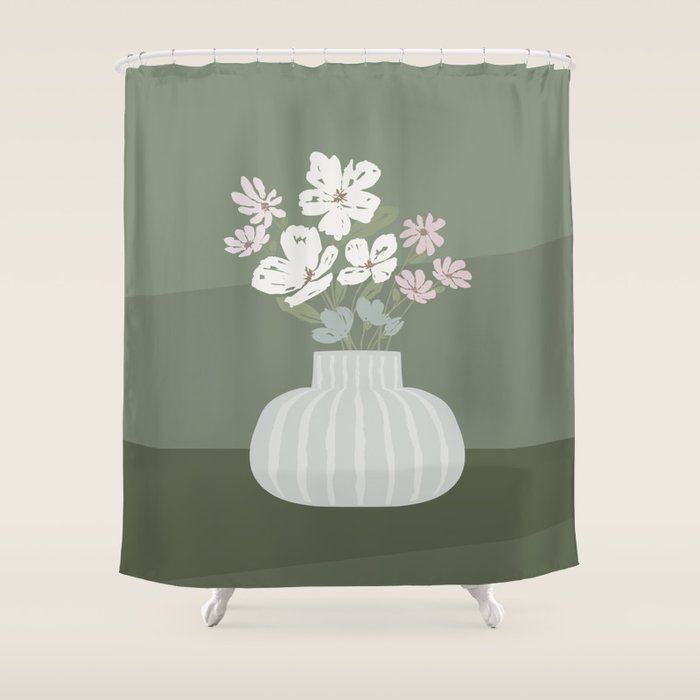 Wildflower bouquet in vase illustration - muted pink, beige and sage green flowers  Shower Curtain Gallery Image 1
