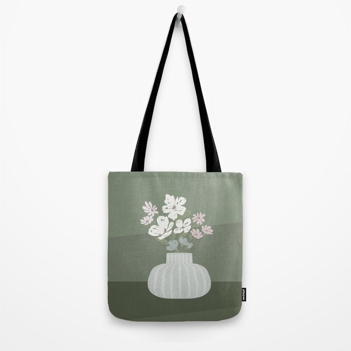 Wildflower bouquet in vase illustration - muted pink, beige and sage green flowers  Tote Bag Gallery Image 2