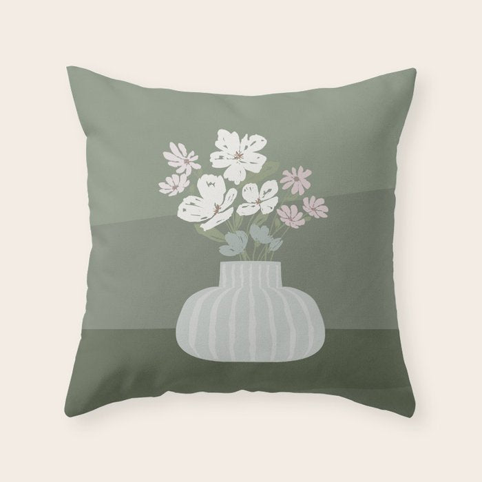 Wildflower bouquet in vase illustration - muted pink, beige and sage green flowers  Throw Pillow Gallery Image 1