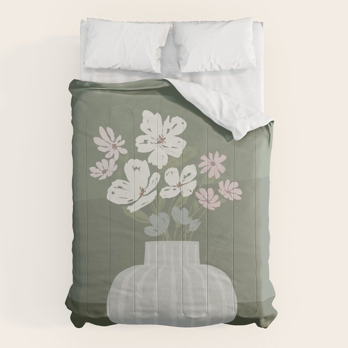Wildflower bouquet in vase illustration - muted pink, beige and sage green flowers  Comforter Gallery Image 6