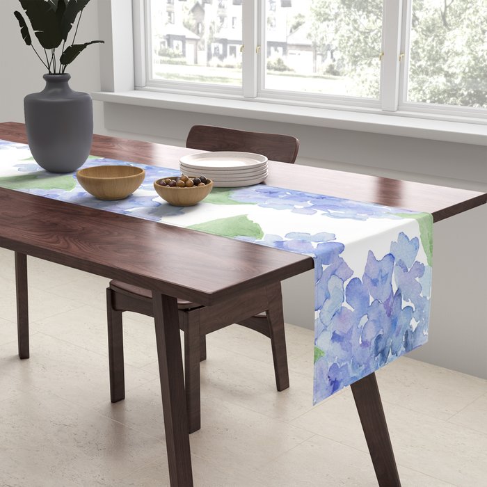 Elegant lavender lilac watercolor hydrangea floral Table Runner Gallery Image 2