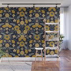 Navy Blue, Turquoise, Cream & Mustard Yellow Dark Floral Pattern Wall Mural Gallery Image 1