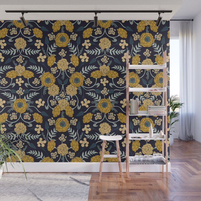 Navy Blue, Turquoise, Cream & Mustard Yellow Dark Floral Pattern Wall Mural Gallery Image 1
