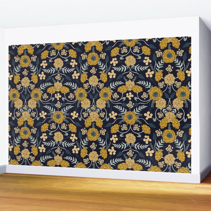 Navy Blue, Turquoise, Cream & Mustard Yellow Dark Floral Pattern Wall Mural Gallery Image 2