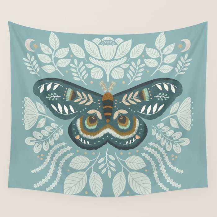 Folk Art Moth - Blue Gray Wall Tapestry Gallery Image 4