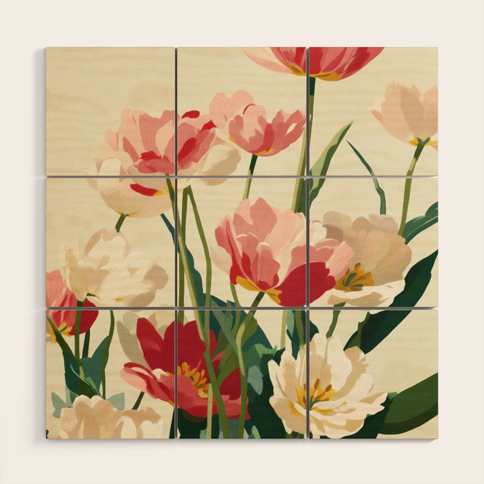 Coral Tulips in Bloom Wood Wall Art Gallery Image 1