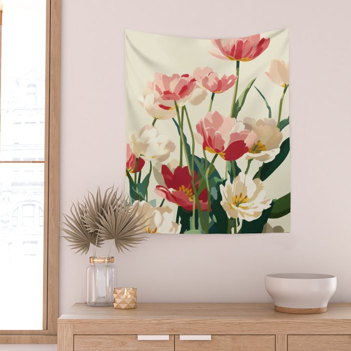 Coral Tulips in Bloom Wall Tapestry Gallery Image 2