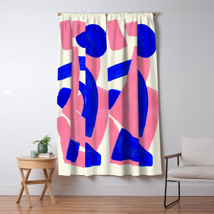 Blue Pink Fun Colorful Mid Century Modern Abstract Painting Shapes Pattern Window Curtain Gallery Image 1